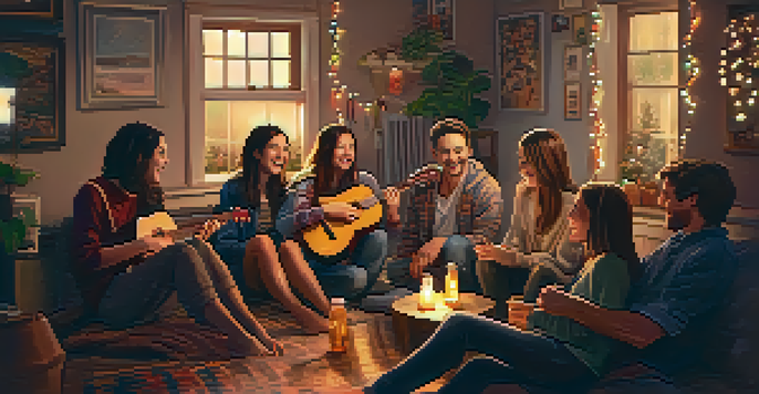 A group of friends sitting together with ukuleles in a warmly lit room, enjoying music.