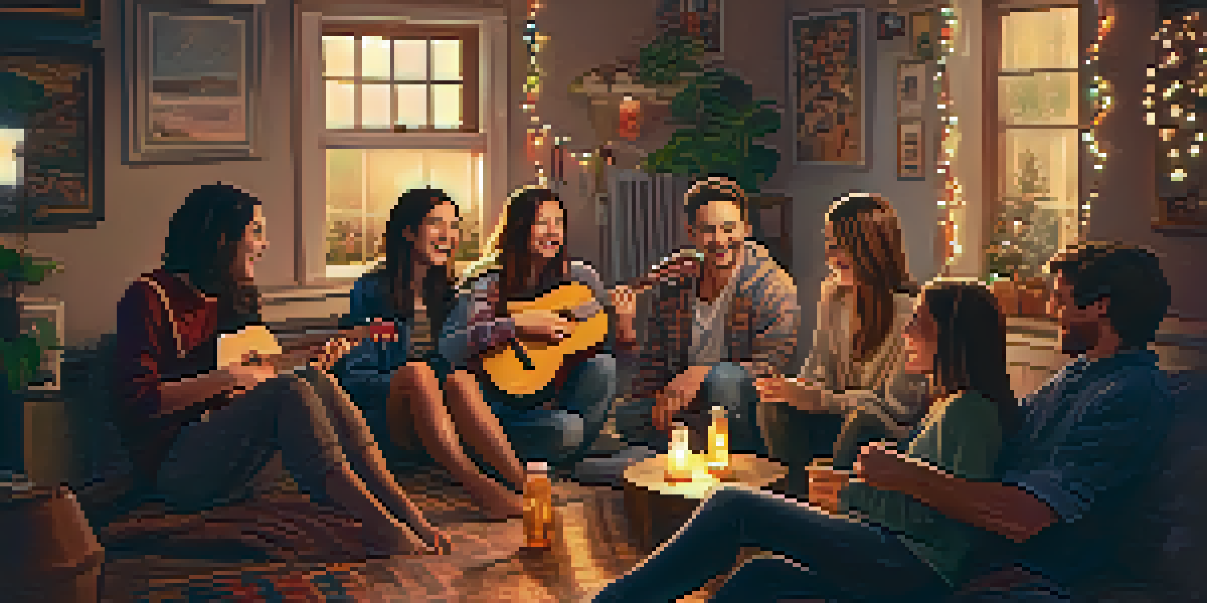 A group of friends sitting together with ukuleles in a warmly lit room, enjoying music.