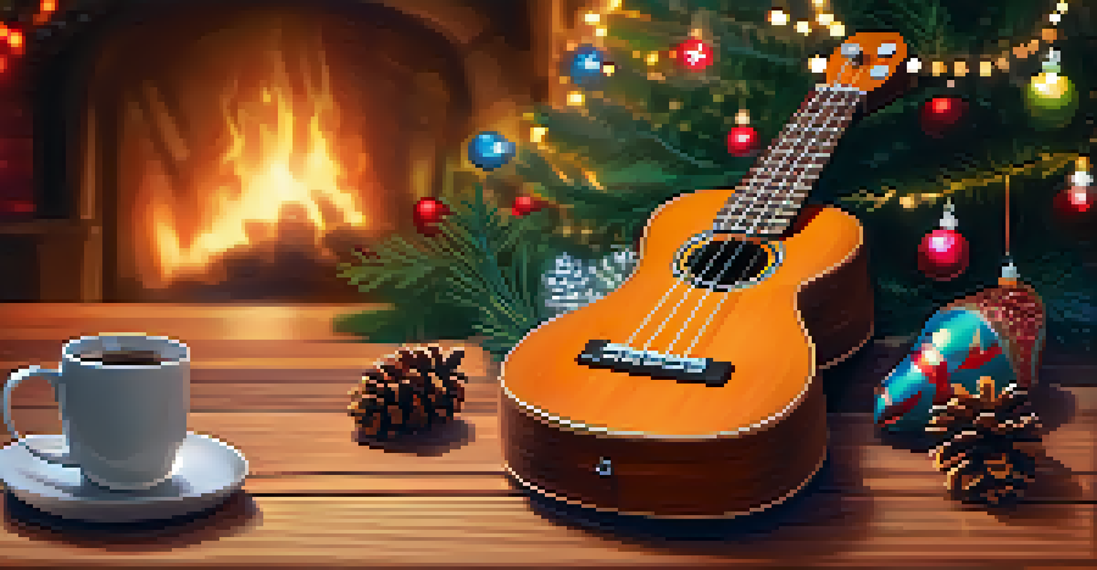 A close-up of a ukulele on a table surrounded by holiday decorations and a warm mug of cocoa, with a Christmas tree in the background.