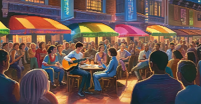 A musician on stage playing ukulele with a smiling audience holding lyric sheets, creating a joyful atmosphere.