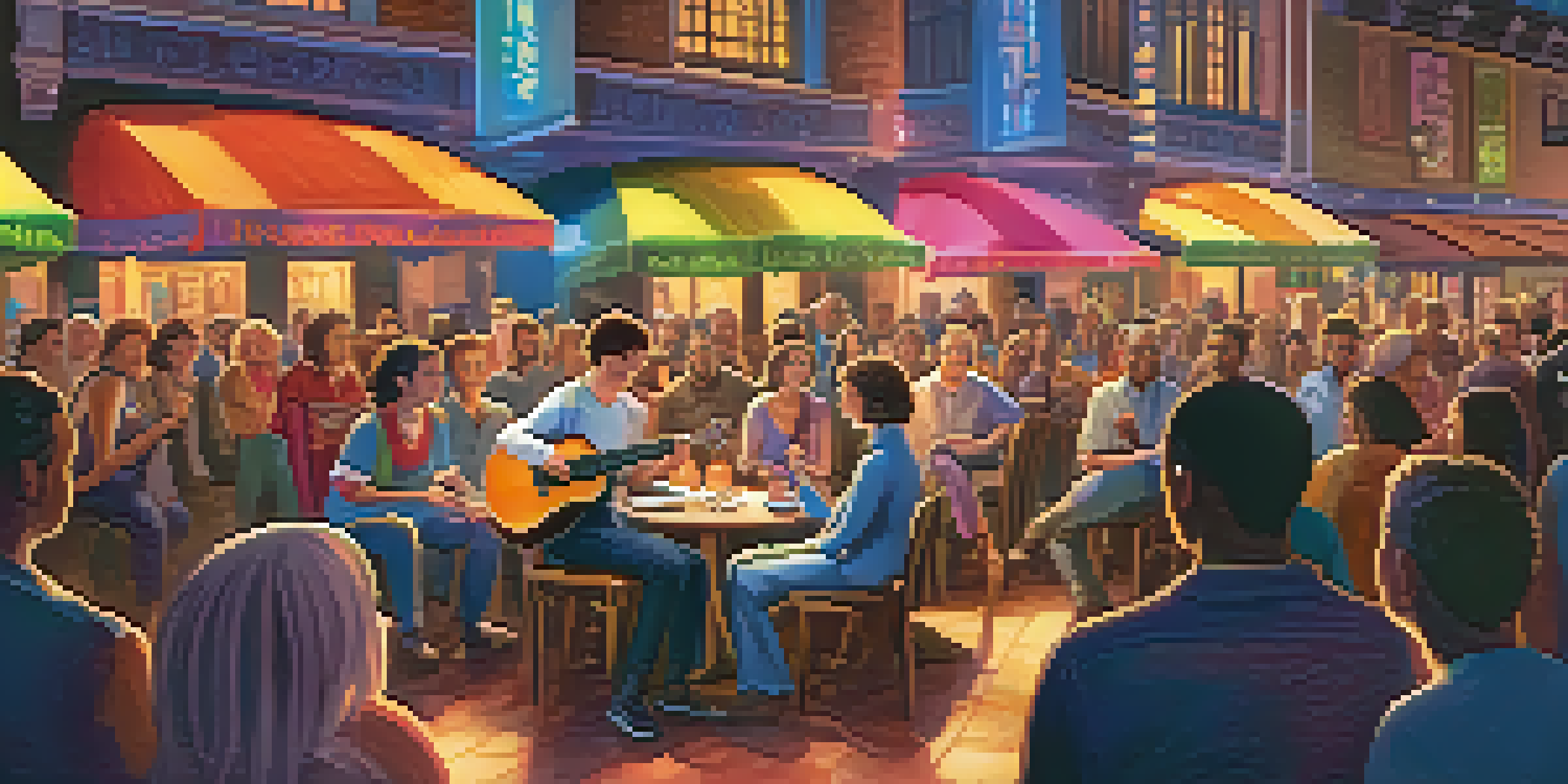 A musician on stage playing ukulele with a smiling audience holding lyric sheets, creating a joyful atmosphere.