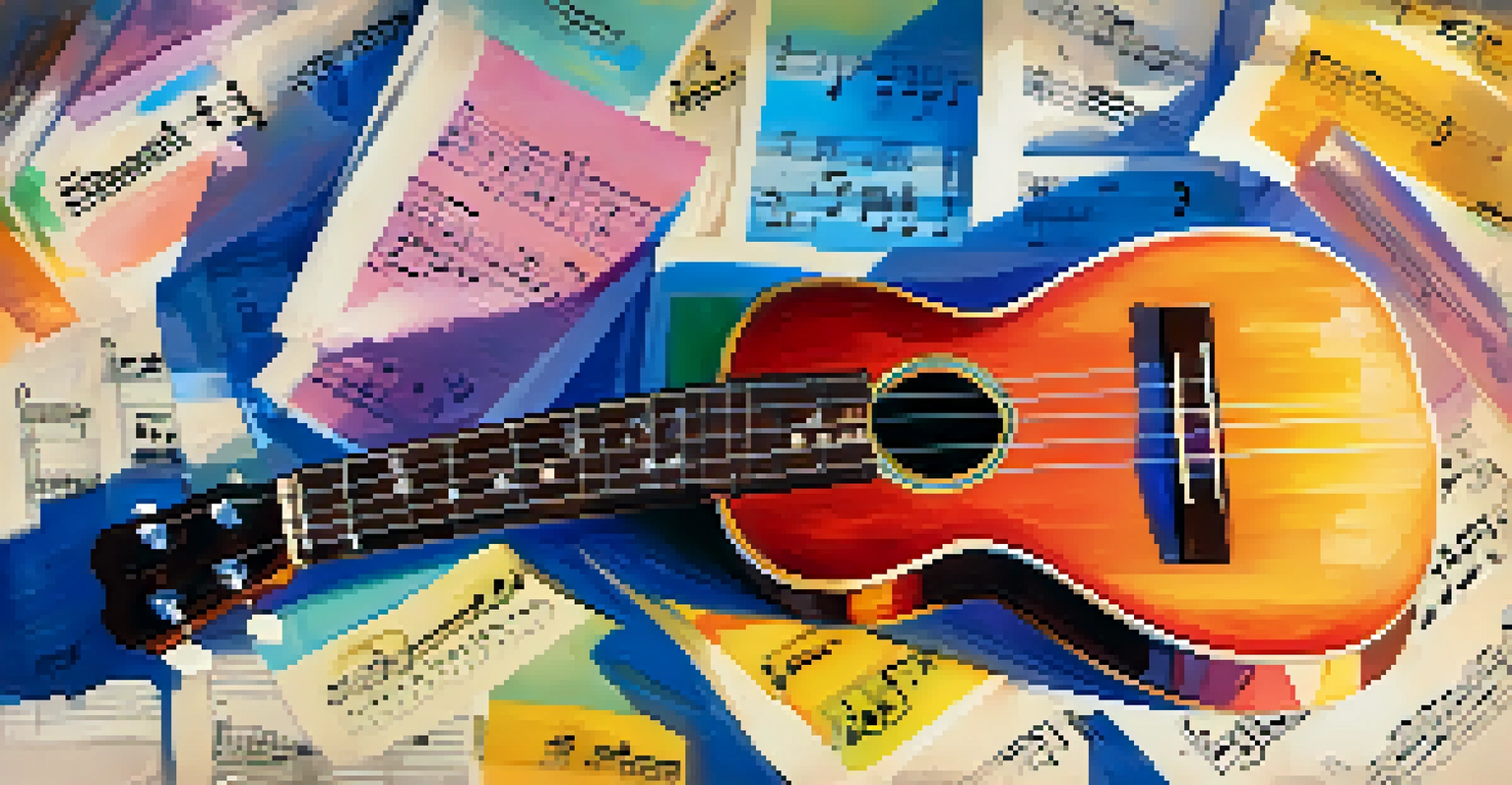 An overhead view of a ukulele with a capo on the second fret, surrounded by colorful sheet music and picks.