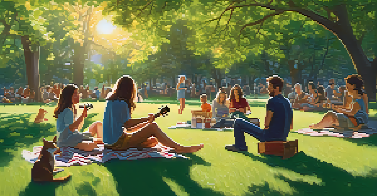 A group of friends enjoying music together in a park, with one person playing a ukulele.