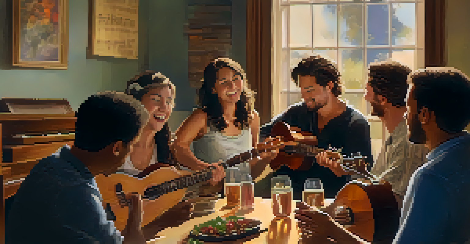 A group of friends having a jam session with one playing the ukulele, surrounded by warm lighting and musical notes.