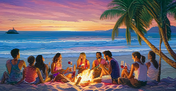 A picturesque sunset beach scene with friends playing ukuleles around a bonfire, showcasing diversity and joy.