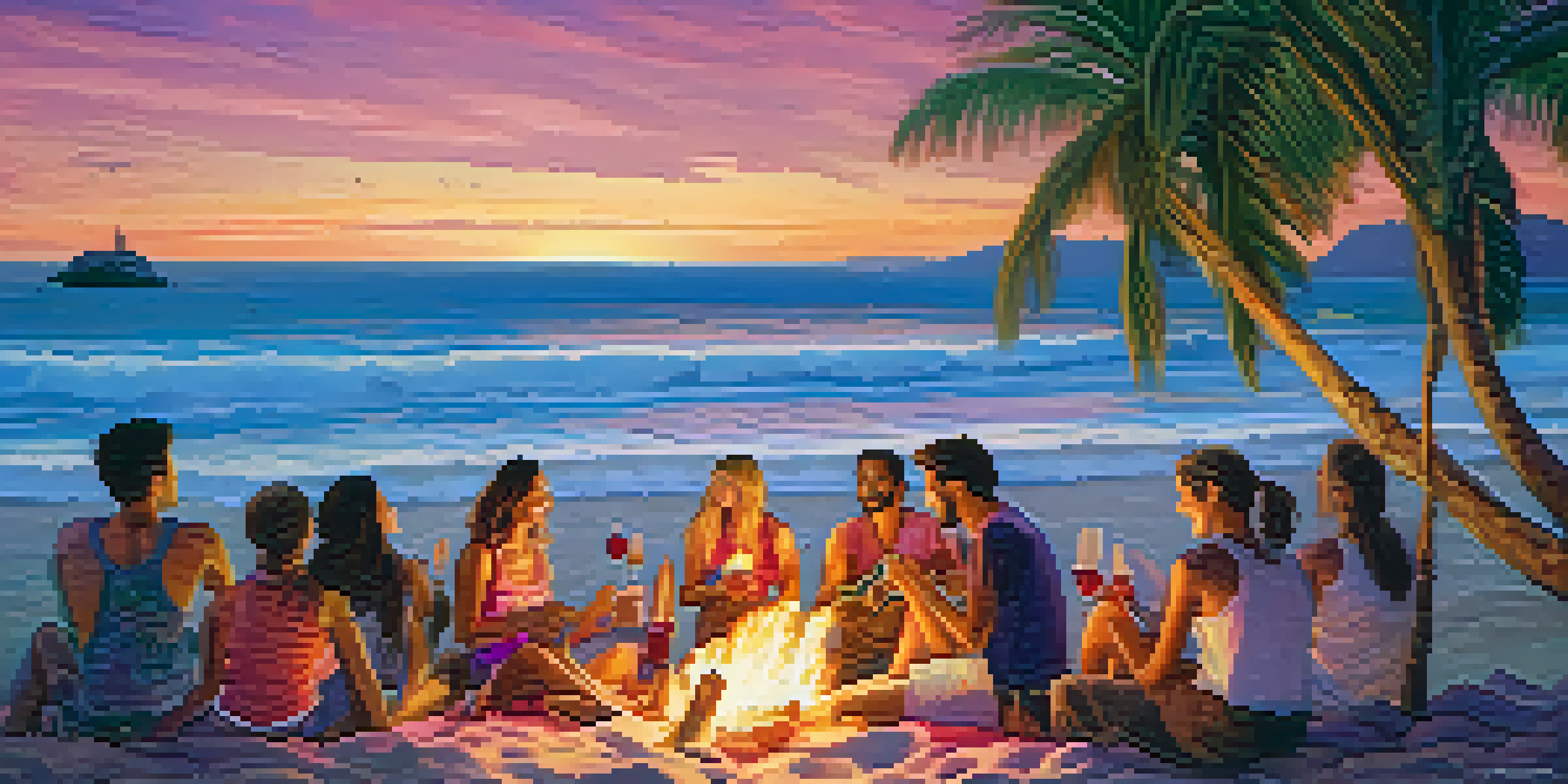 A picturesque sunset beach scene with friends playing ukuleles around a bonfire, showcasing diversity and joy.