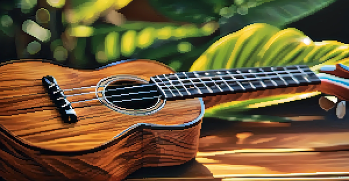 A detailed view of a koa wood ukulele on a wooden table, with soft lighting and tropical plants in the background.