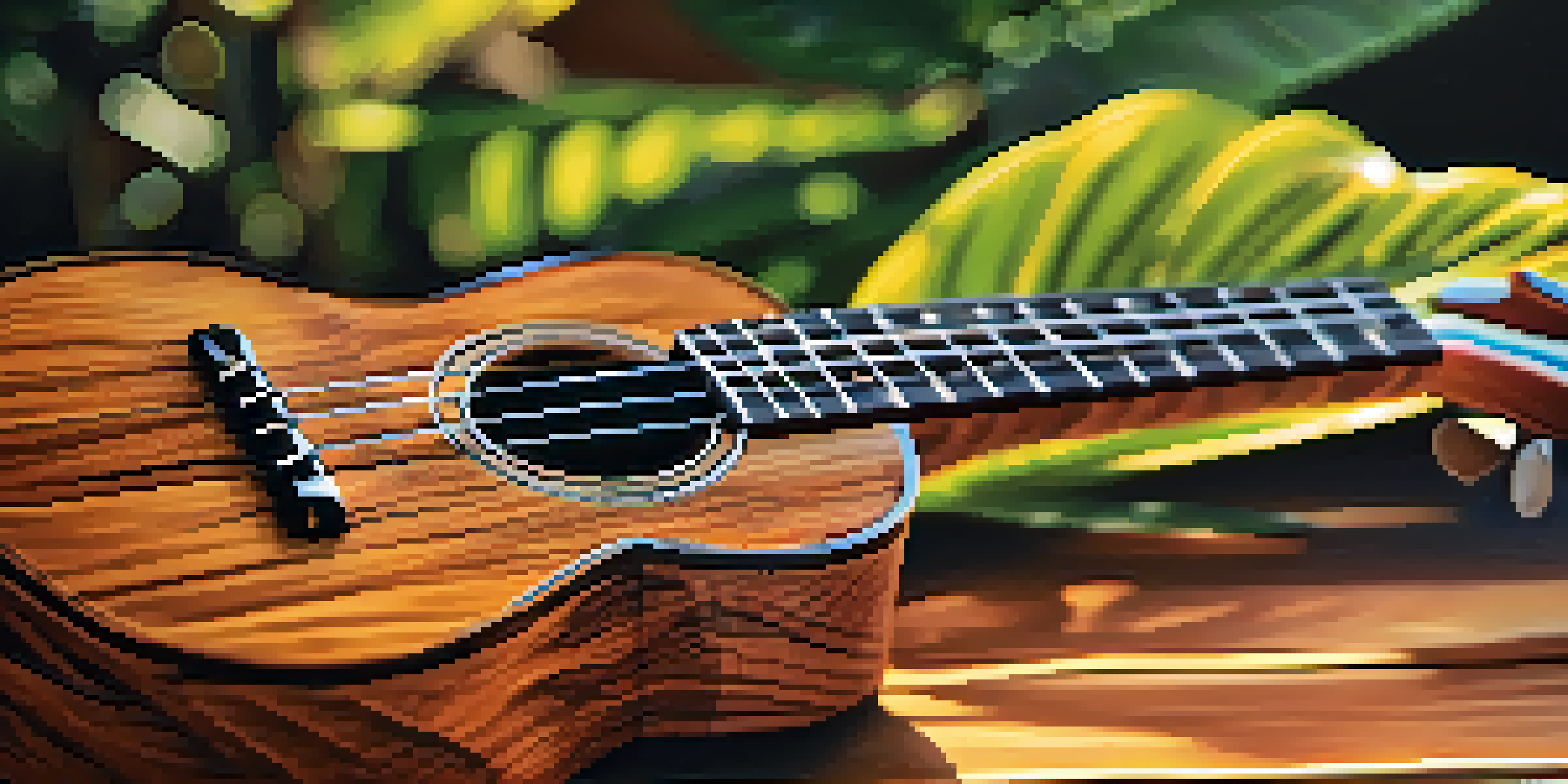 A detailed view of a koa wood ukulele on a wooden table, with soft lighting and tropical plants in the background.