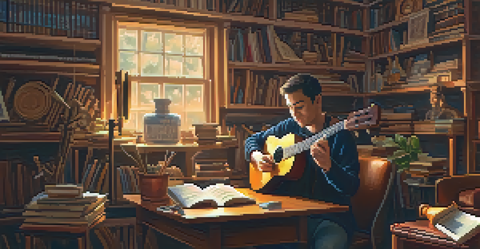 A musician experimenting with C6 Tuning on a ukulele in a cozy indoor setting, surrounded by instruments and notes.