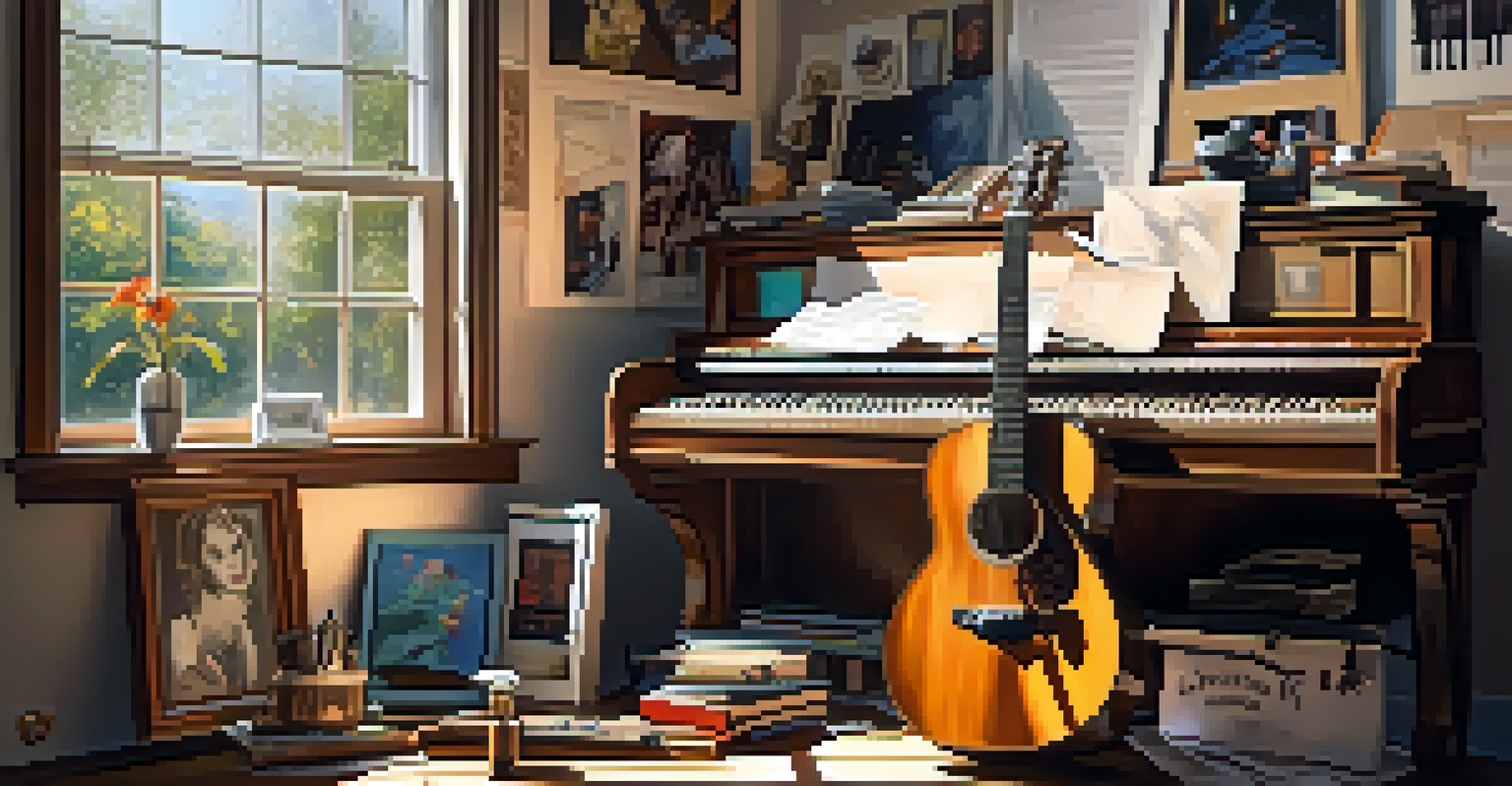An artist's studio with a guitar, paintbrushes, and sunlight coming through the window.