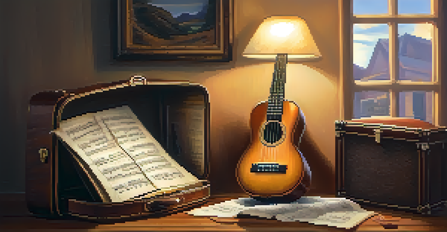 A ukulele leaning against a vintage suitcase in a cozy room filled with musical notes and soft warm light.
