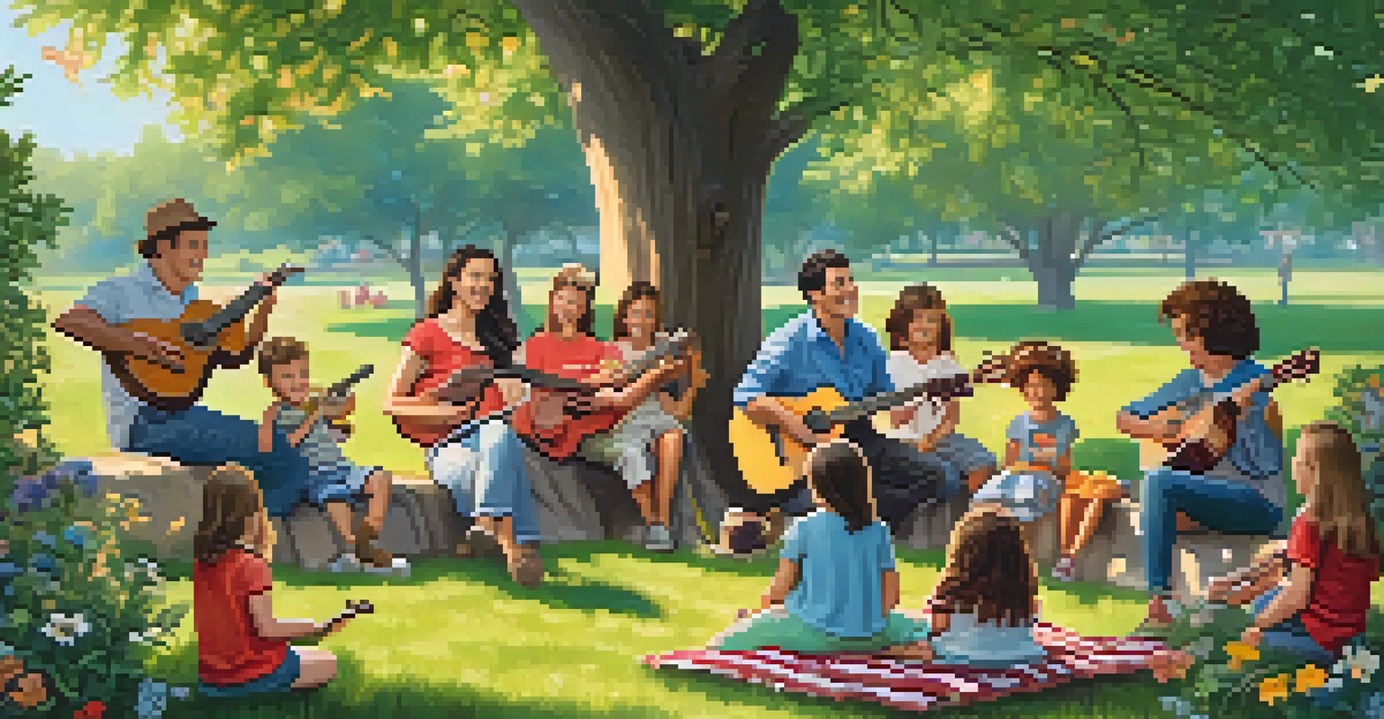 A family enjoying a joyful outdoor jam session in a park, playing ukuleles together on a picnic blanket surrounded by nature.