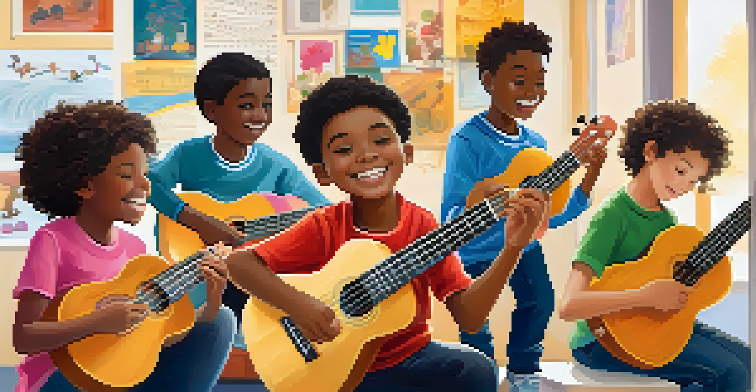 Diverse students in a bright classroom learning to play the ukulele, smiling and practicing together.