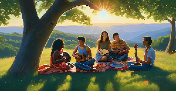 A diverse group of people playing ukuleles on a grassy hillside during sunset, with colorful blankets and trees in the background.