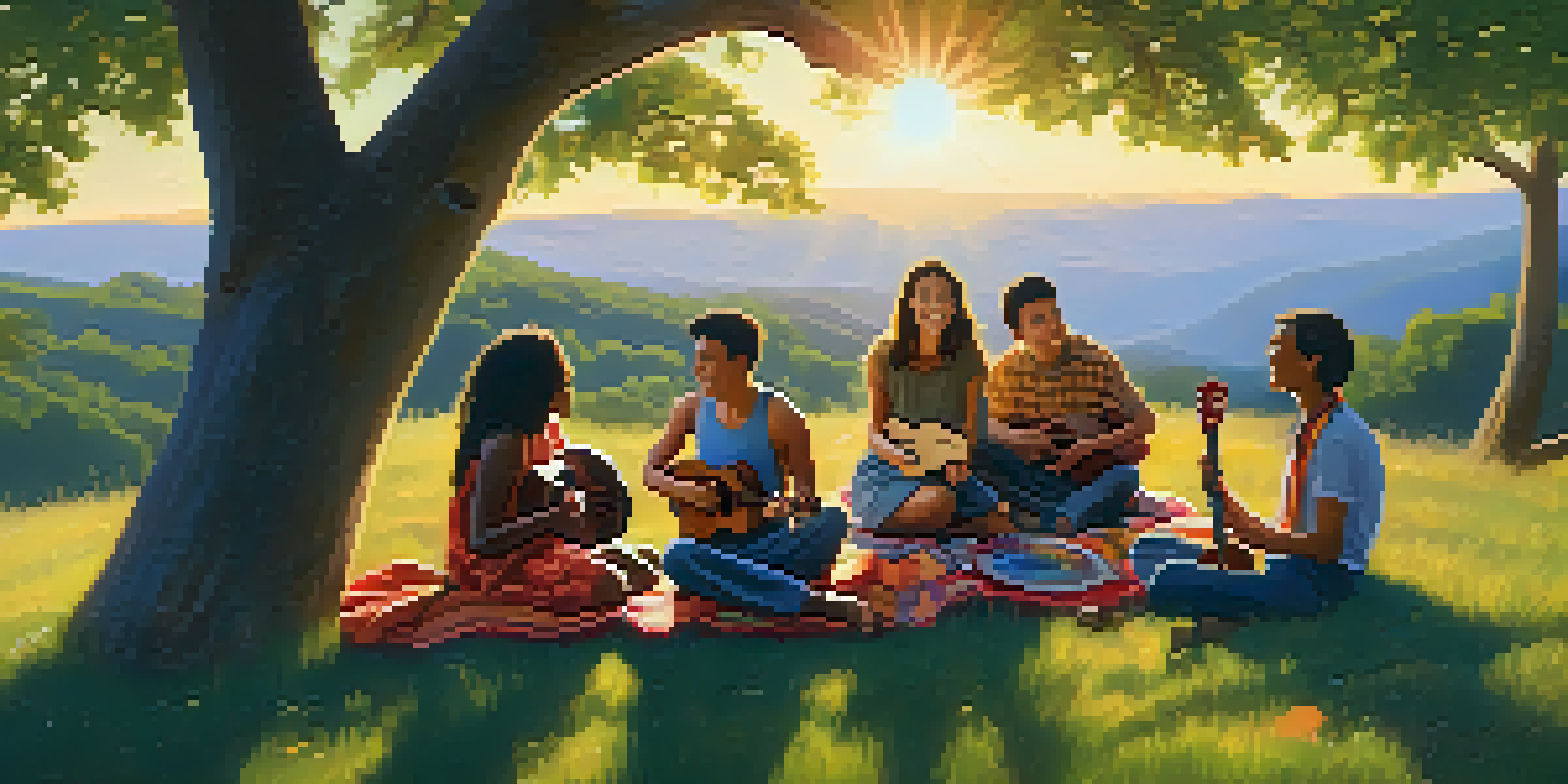 A diverse group of people playing ukuleles on a grassy hillside during sunset, with colorful blankets and trees in the background.