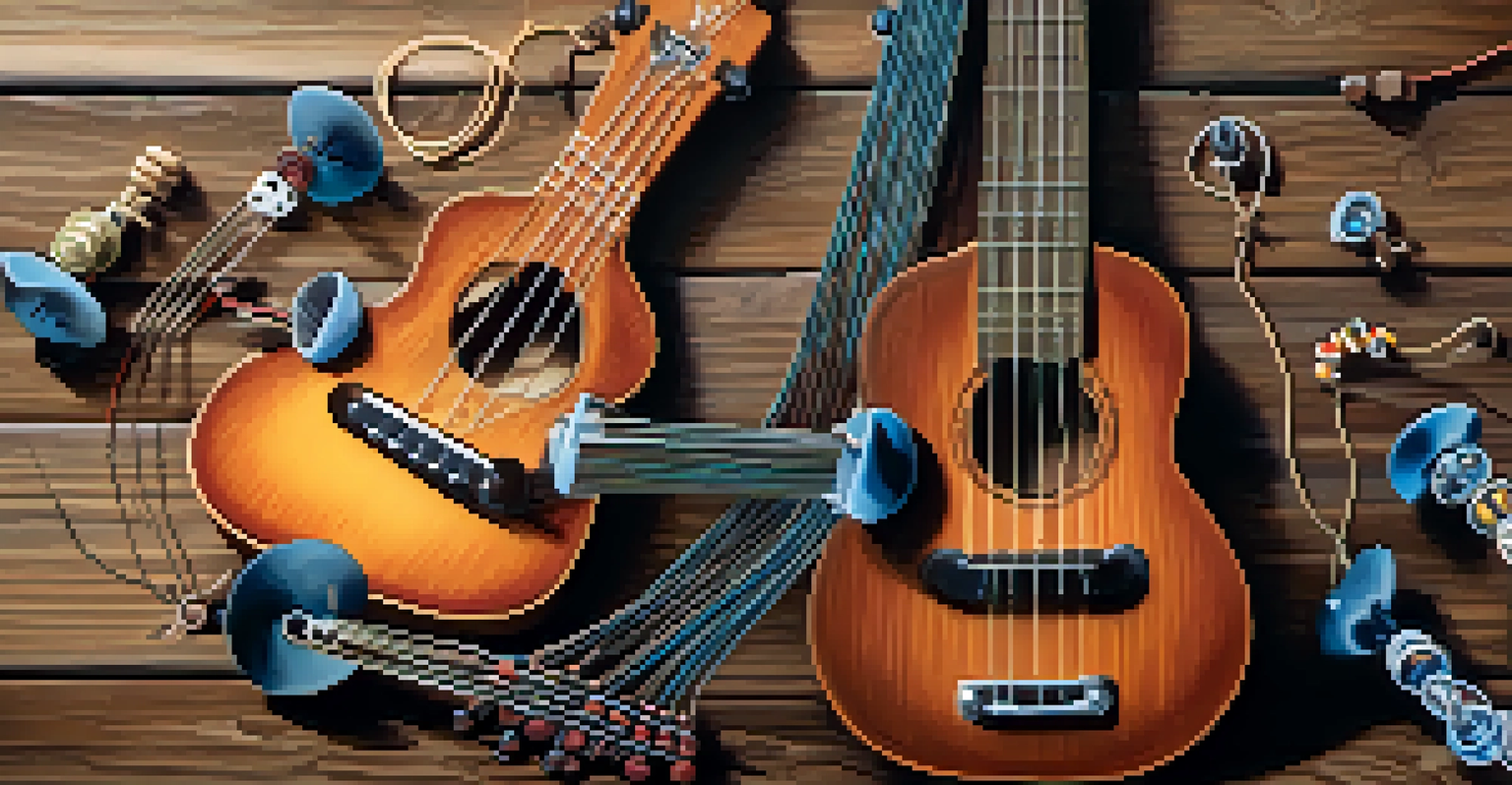 An artistic arrangement of ukulele strings and tuning pegs on a rustic wooden surface, with colorful picks scattered around.