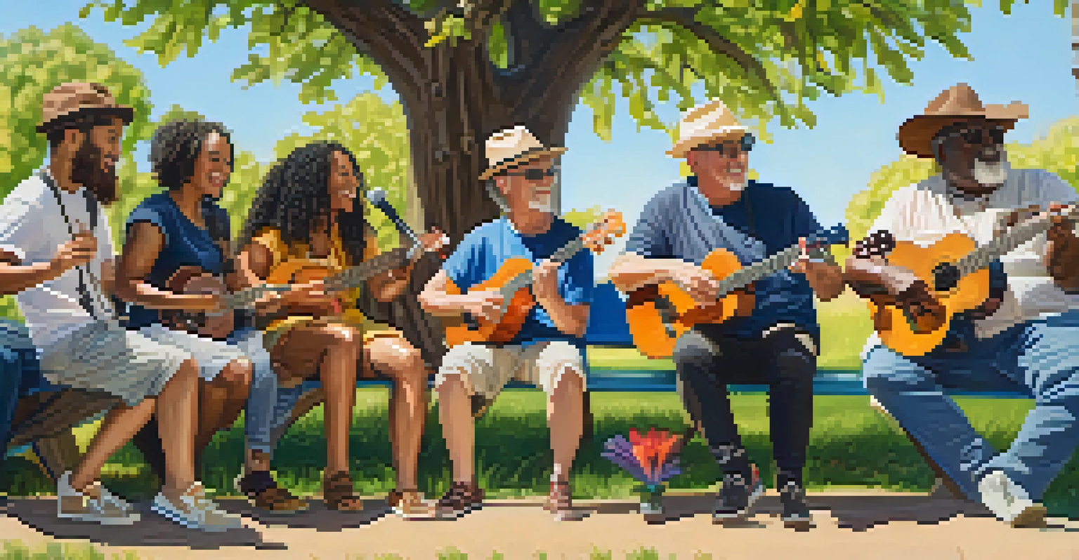 A diverse group of musicians playing ukuleles in a sunny park, enjoying a community event.