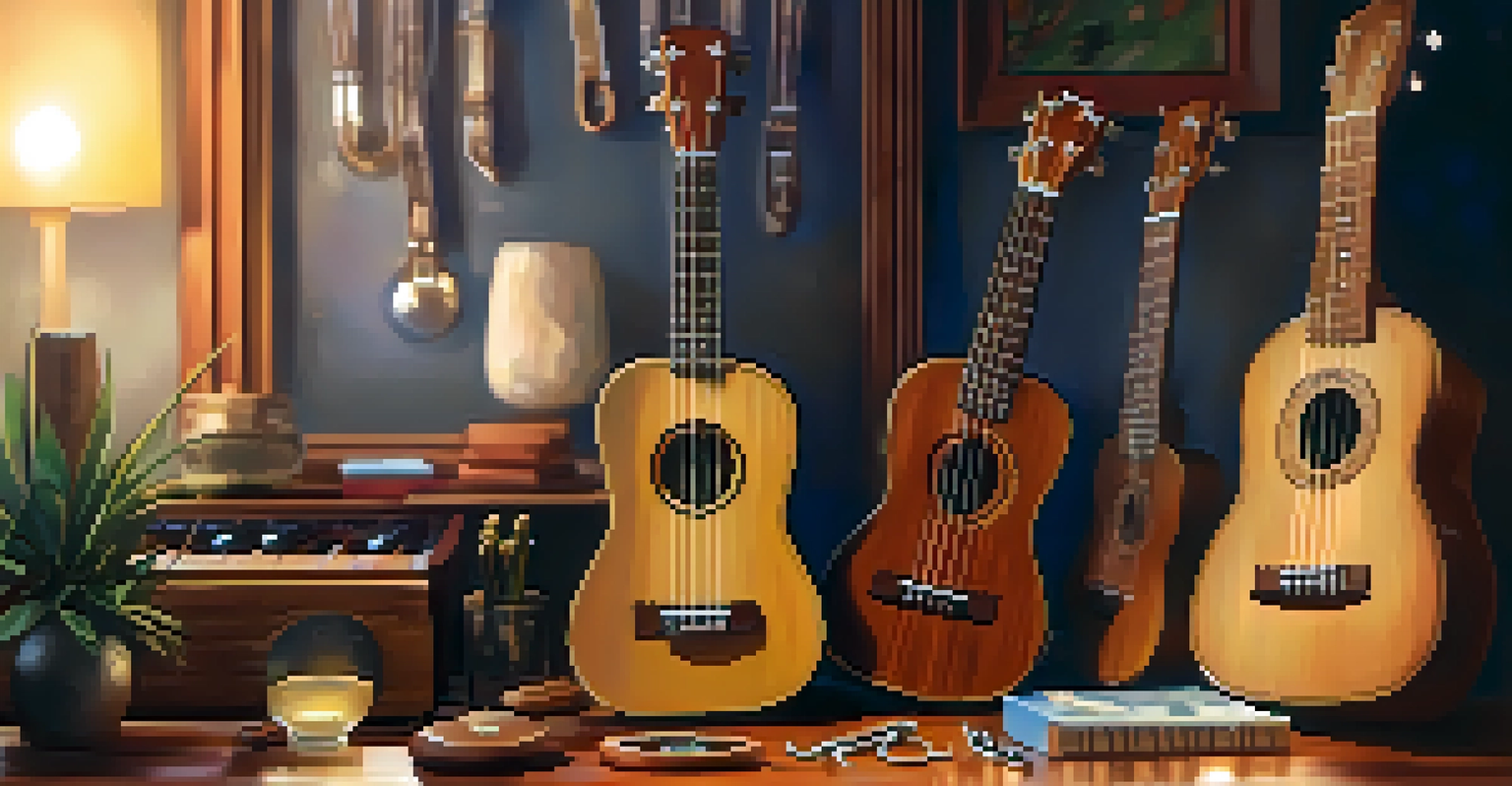 An arrangement of new ukulele strings, pliers, and an open ukulele with soft bokeh lights in the background.