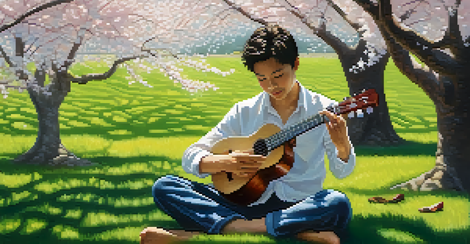 A musician playing the ukulele under a cherry blossom tree, with sunlight and falling petals creating a serene atmosphere.
