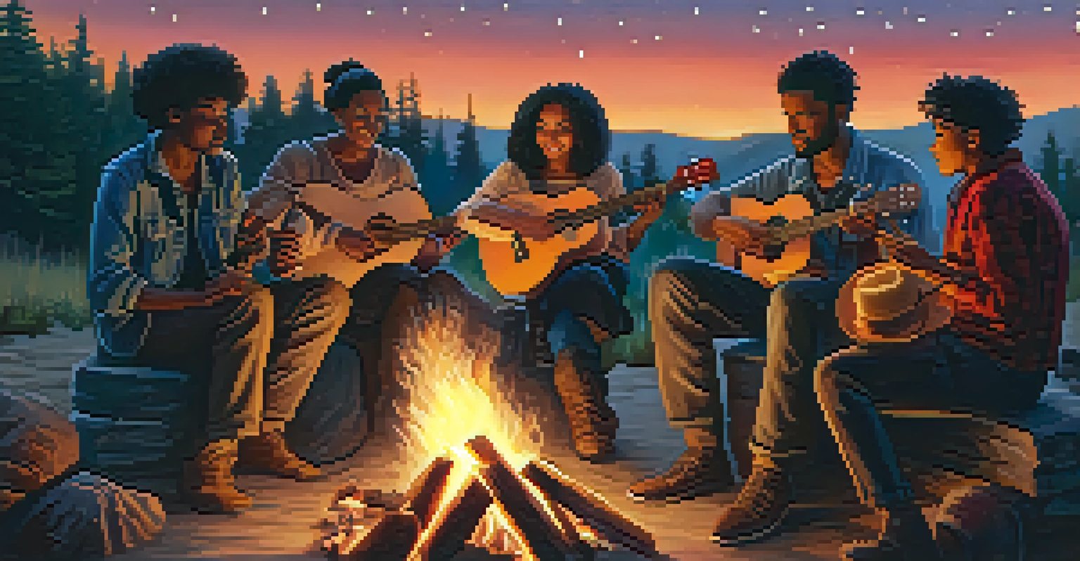 A diverse group of musicians playing near a campfire at dusk, with a woman playing a ukulele.