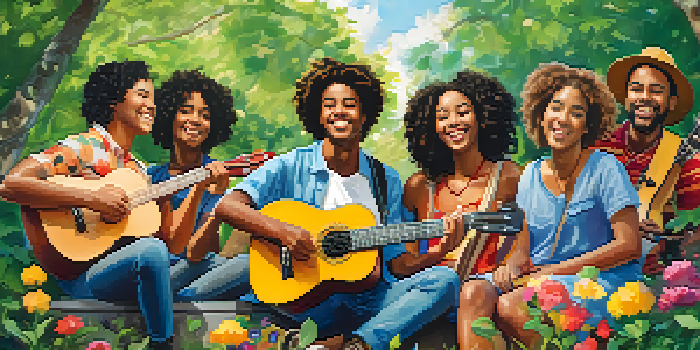 A diverse group of young musicians playing ukuleles in a circle outdoors, surrounded by nature, conveying joy and collaboration.