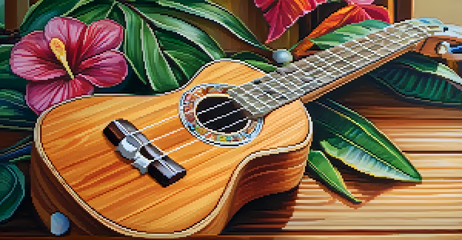 A close-up view of a soprano ukulele on a wooden table, with sunlight highlighting its glossy finish and wood grain, surrounded by blurred tropical plants.