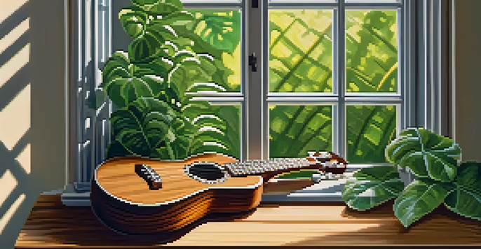 A close-up of a ukulele on a wooden table with green plants and sunlight illuminating it.
