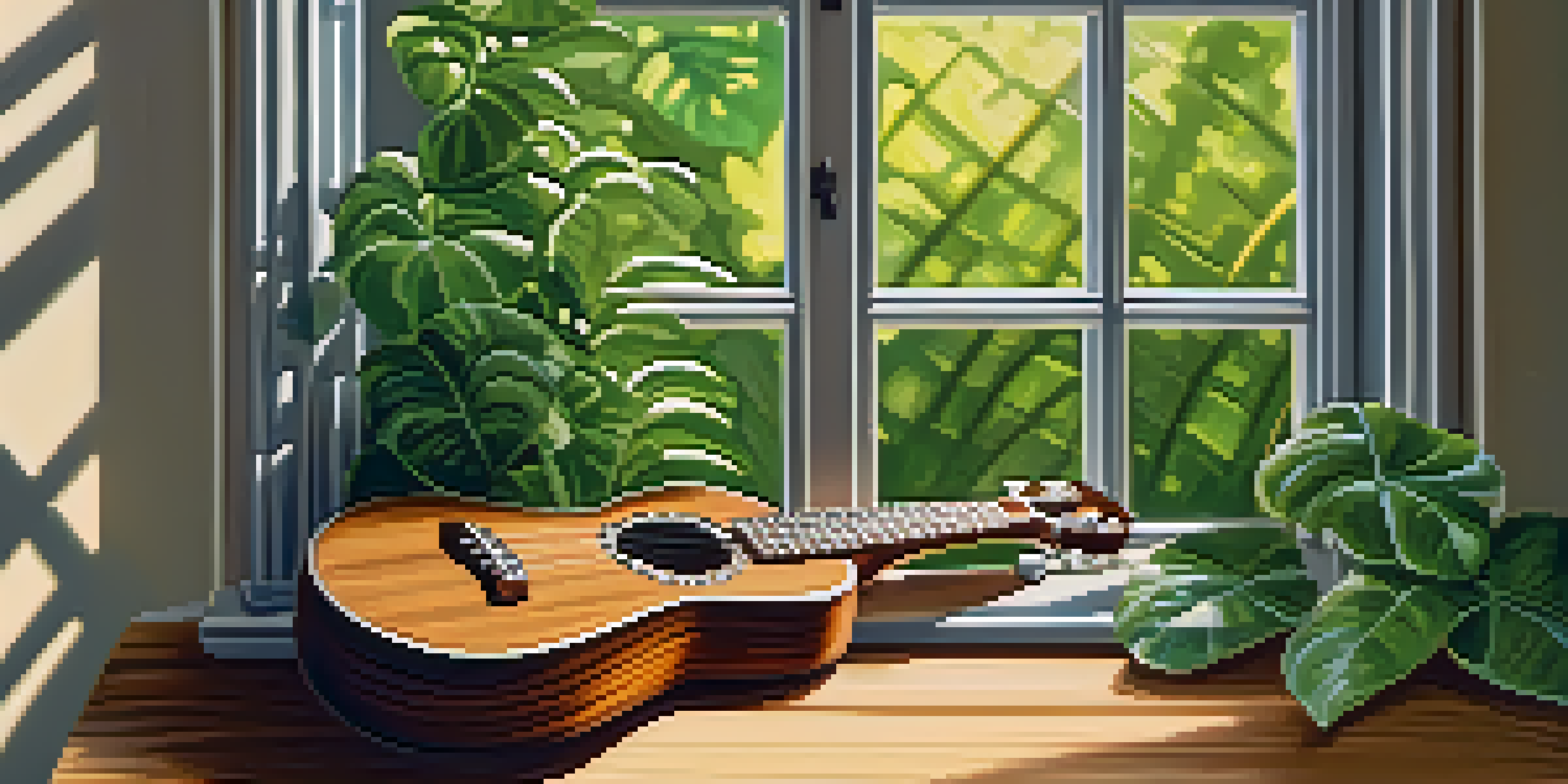 A close-up of a ukulele on a wooden table with green plants and sunlight illuminating it.
