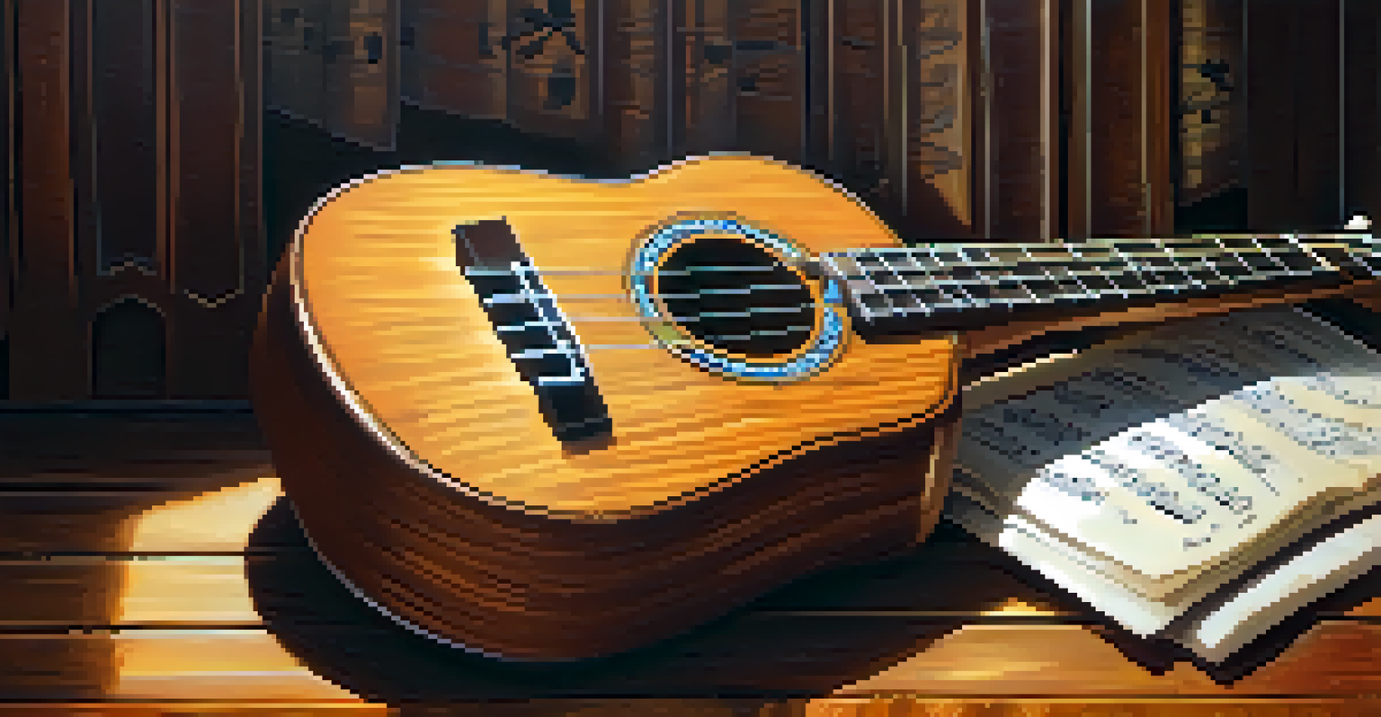 Close-up of a beautifully crafted ukulele on a rustic wooden table, with sunlight highlighting its details.