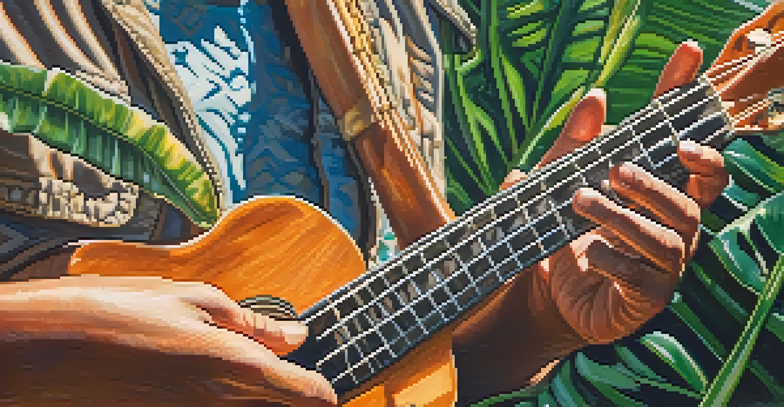 Close-up of hands playing a ukulele in a tropical setting with sunlight filtering through leaves.