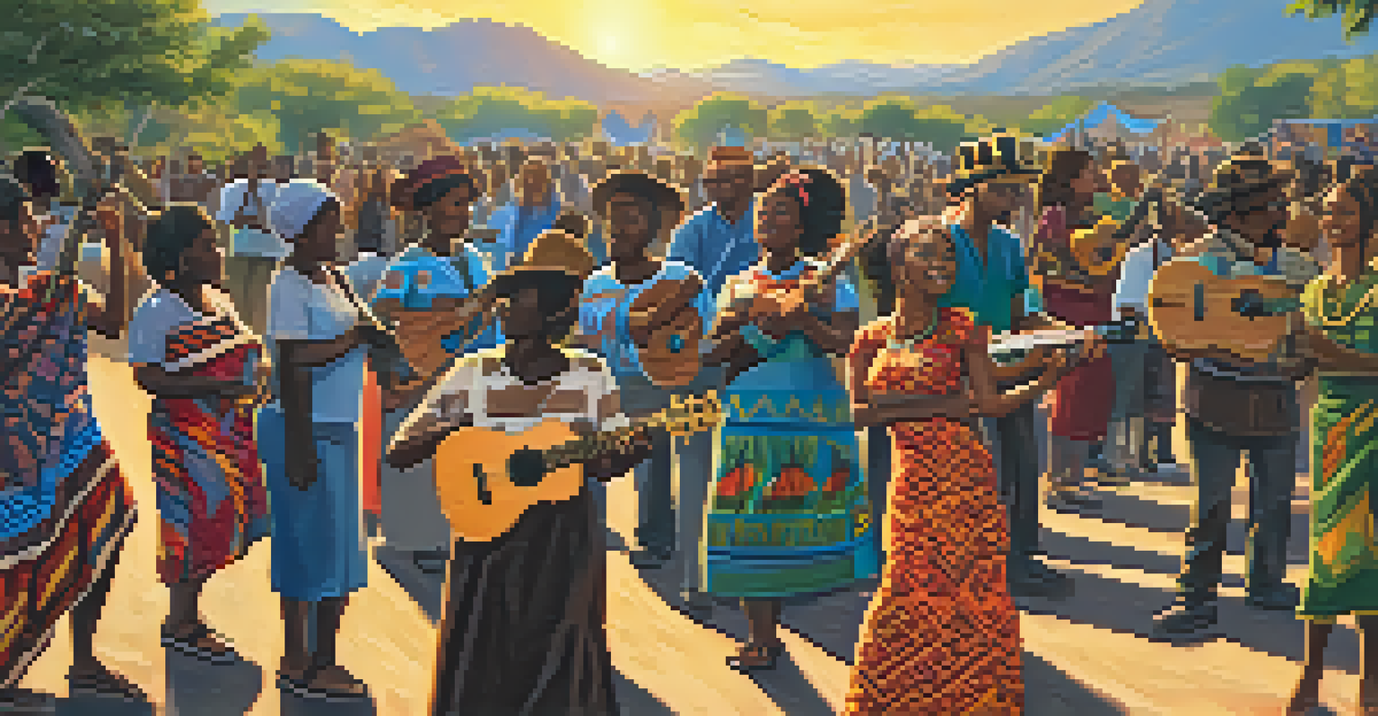 An outdoor ukulele festival with musicians on stage and an enthusiastic audience dancing, surrounded by colorful decorations and local art.