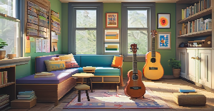 A warm and inviting language learning space with a ukulele, flashcards, and cushions. The walls have posters with vocabulary words, and ukuleles are arranged on a table.