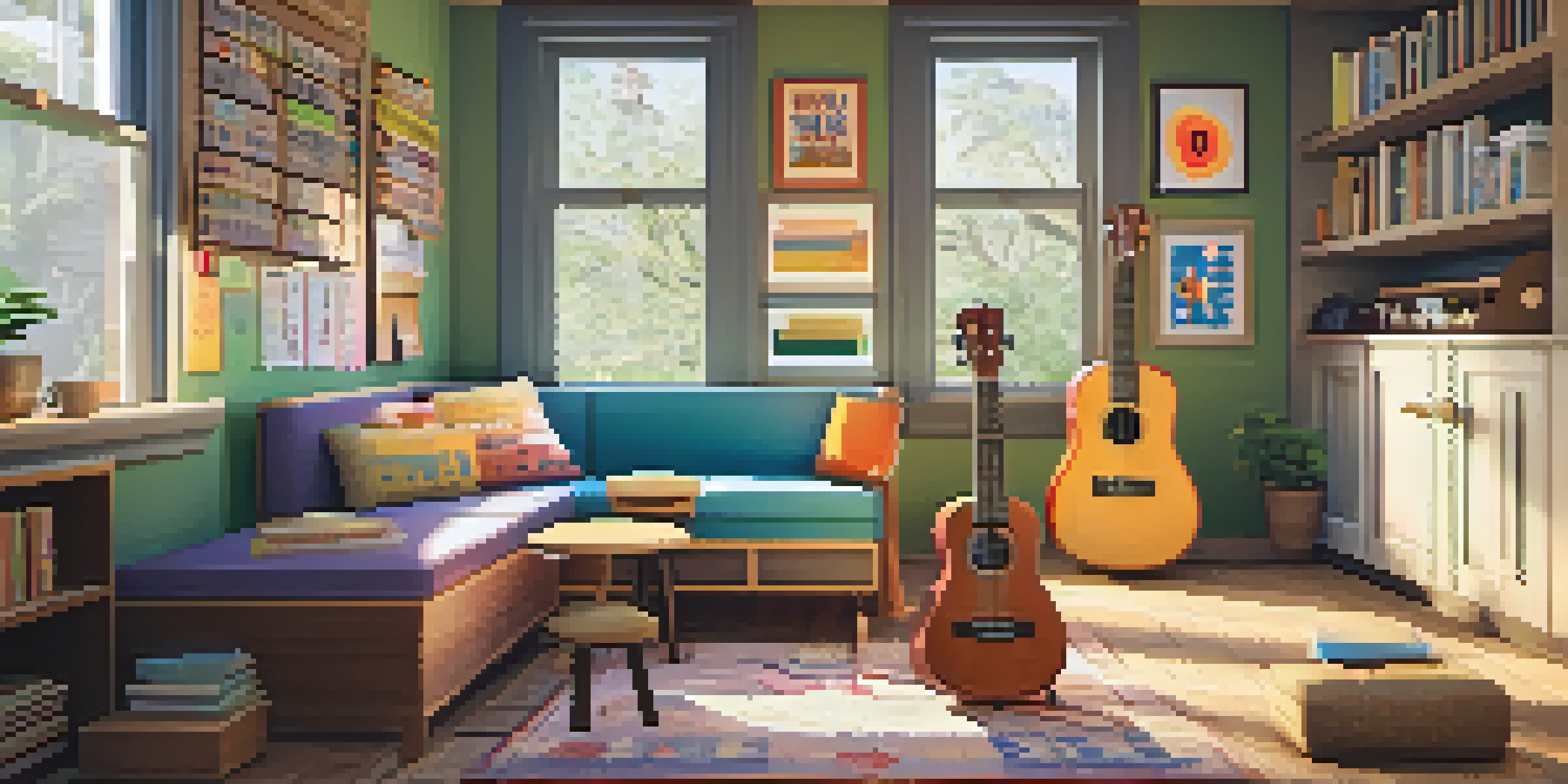 A warm and inviting language learning space with a ukulele, flashcards, and cushions. The walls have posters with vocabulary words, and ukuleles are arranged on a table.