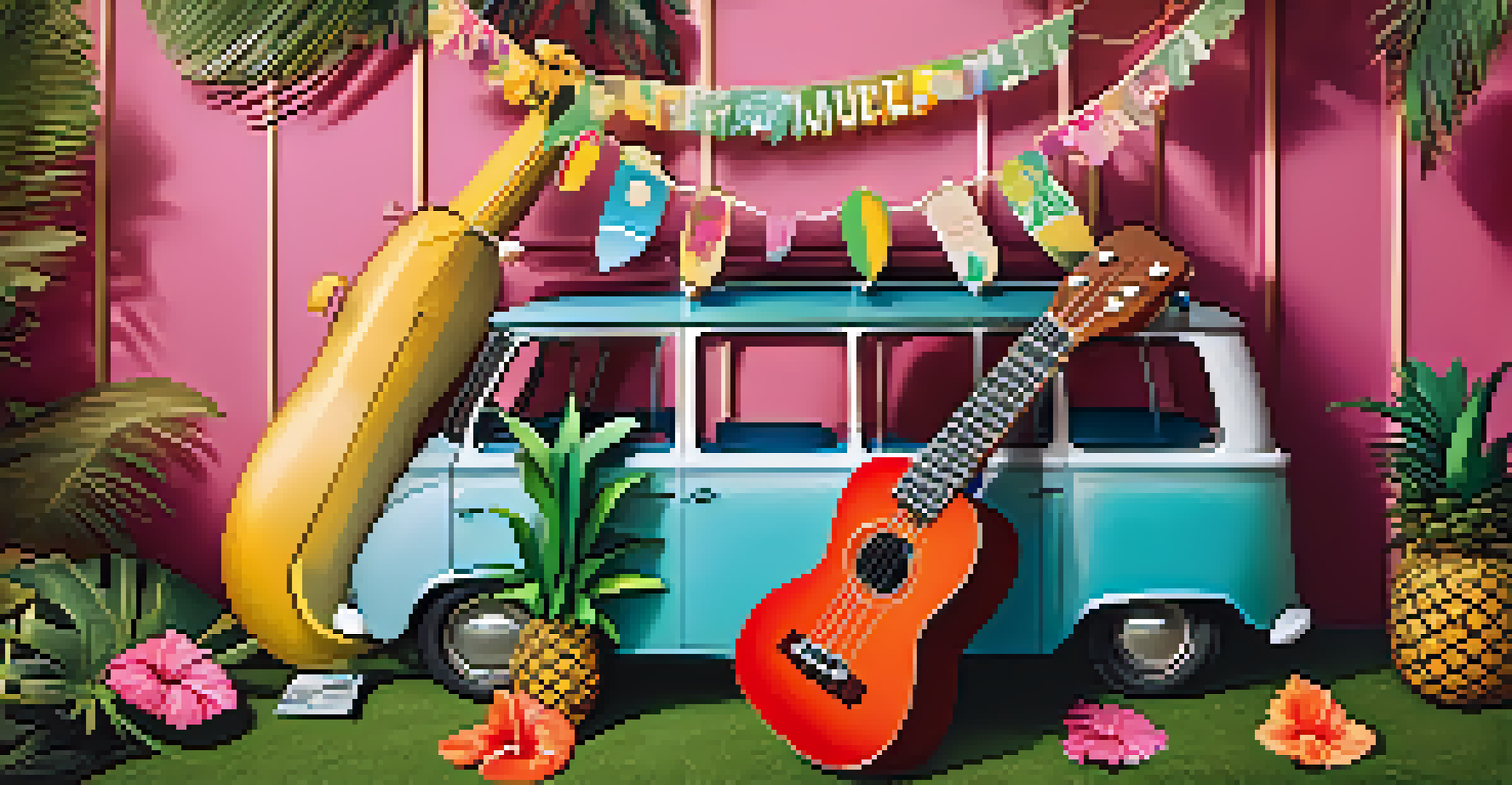A vibrant photo booth with tropical decorations, oversized ukuleles, and guests posing with fun props like sunglasses and mustaches.