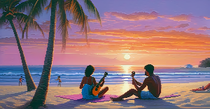 A person playing the ukulele on a beach at sunset, with colorful skies and friends around.
