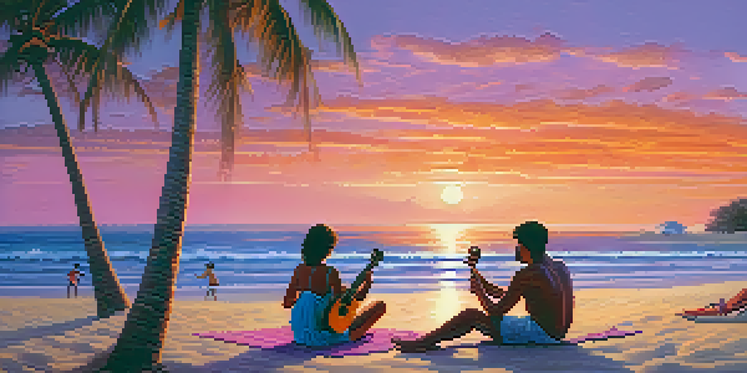 A person playing the ukulele on a beach at sunset, with colorful skies and friends around.