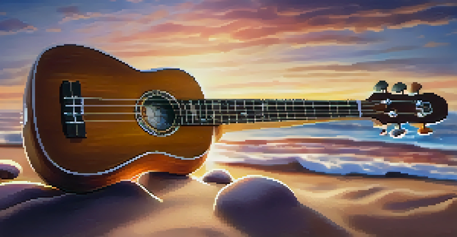 A person playing a concert ukulele on the beach during sunset, with ocean waves in the background.