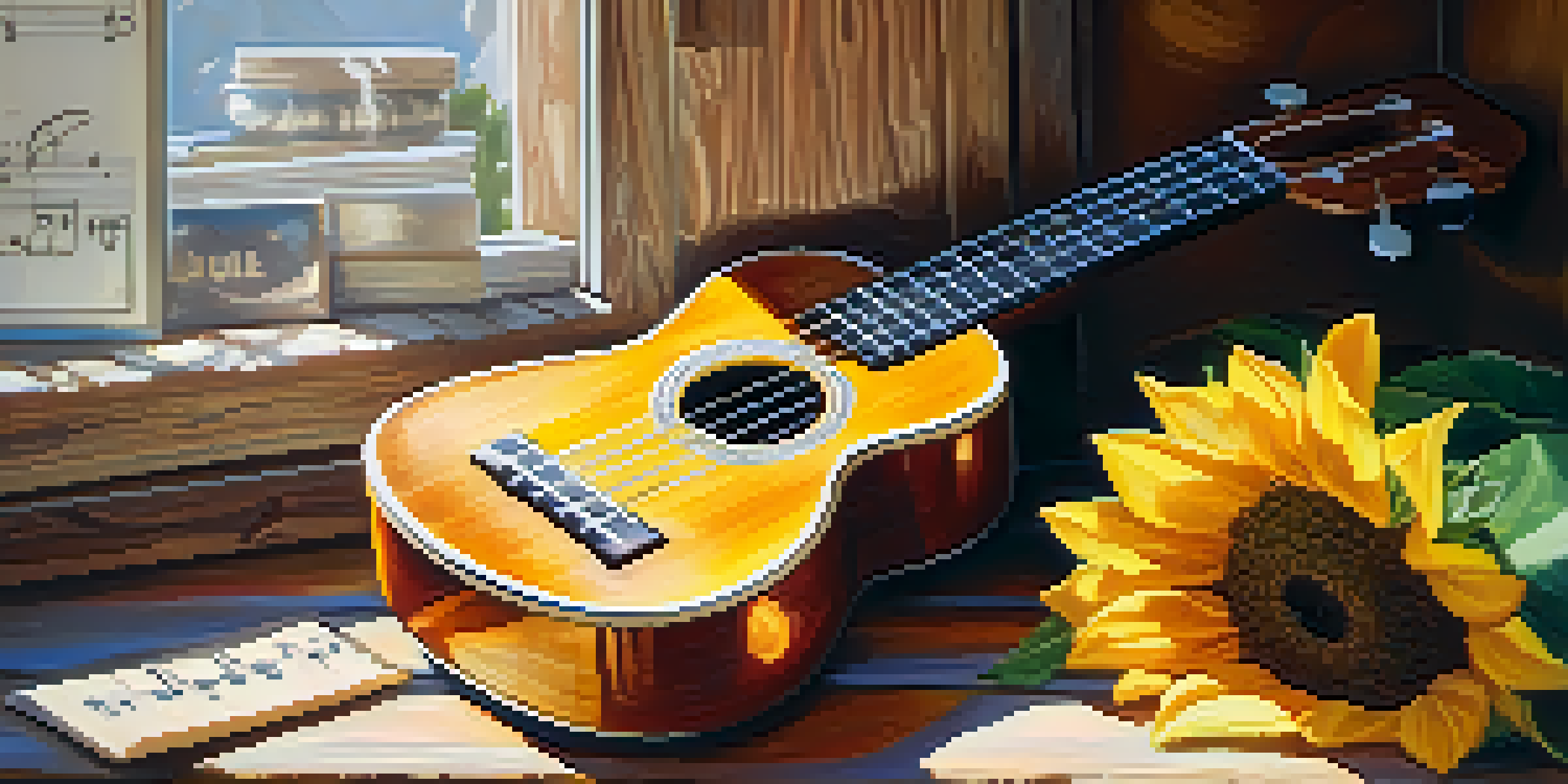 A colorful ukulele on a wooden table with sheet music and a sunflower, illuminated by soft natural light.