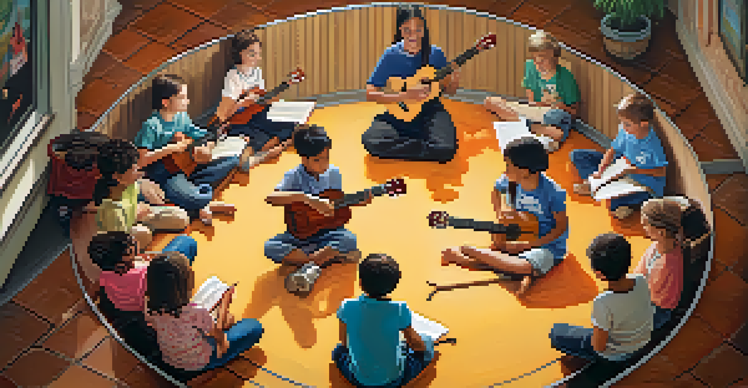 Aerial view of children in a circle with ukuleles, learning from a teacher in a colorful classroom.