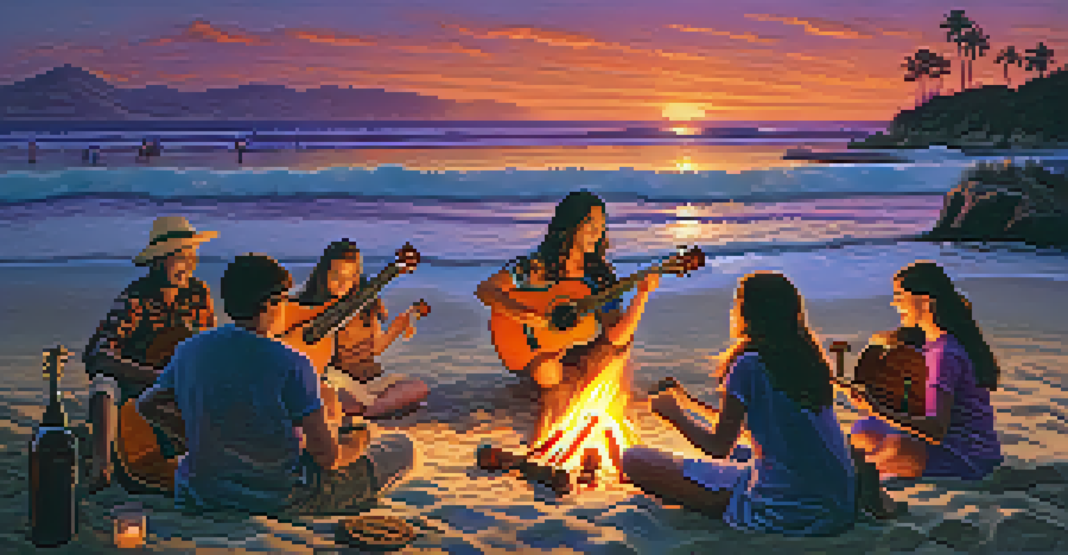 A group of friends playing ukuleles around a beach bonfire during sunset, with warm colors in the sky and smiles all around.