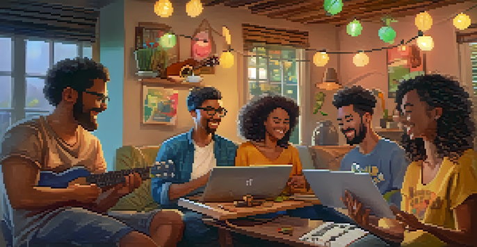 A cozy online ukulele workshop with diverse participants from around the world, engaged in playing their instruments in a lively atmosphere.