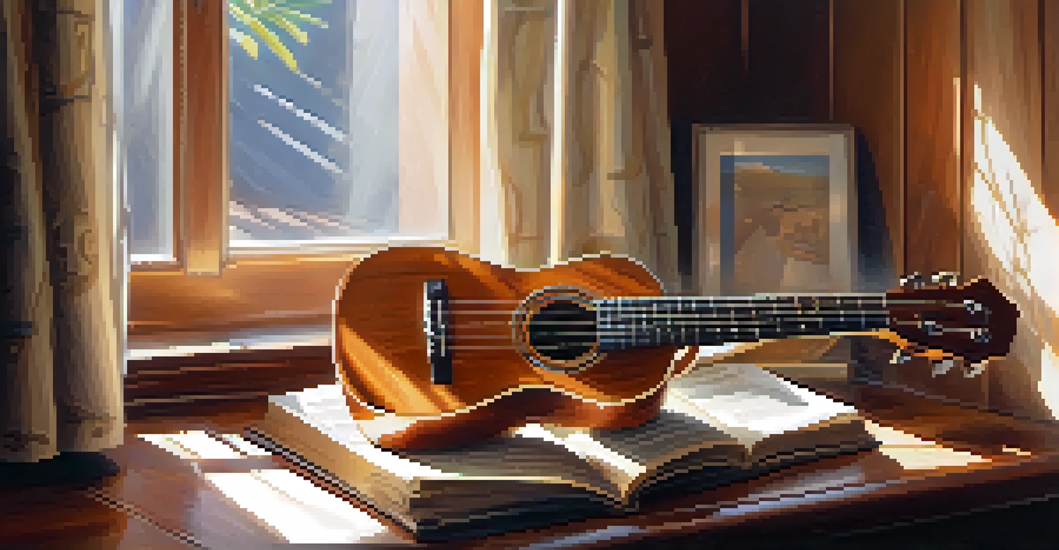 A close-up of a ukulele on a wooden table with sheet music and a cup of tea, illuminated by sunlight.