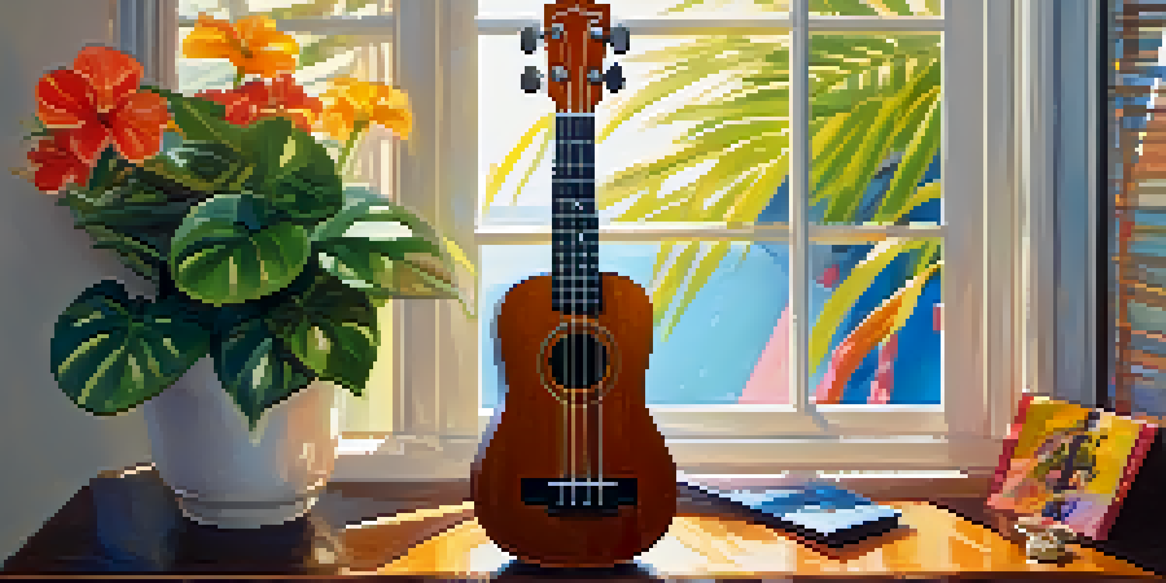 A close-up view of a ukulele on a wooden table with colorful sheet music and tropical flowers, illuminated by warm sunlight.