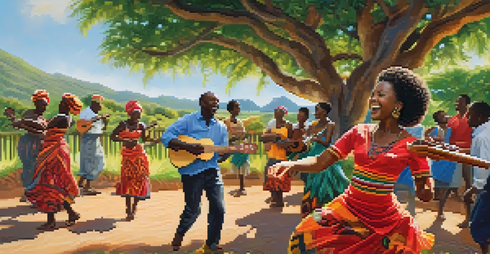 A group of dancers in traditional African clothing performing in a sunny outdoor setting, with a ukulele player in the foreground, surrounded by greenery and colorful decorations.