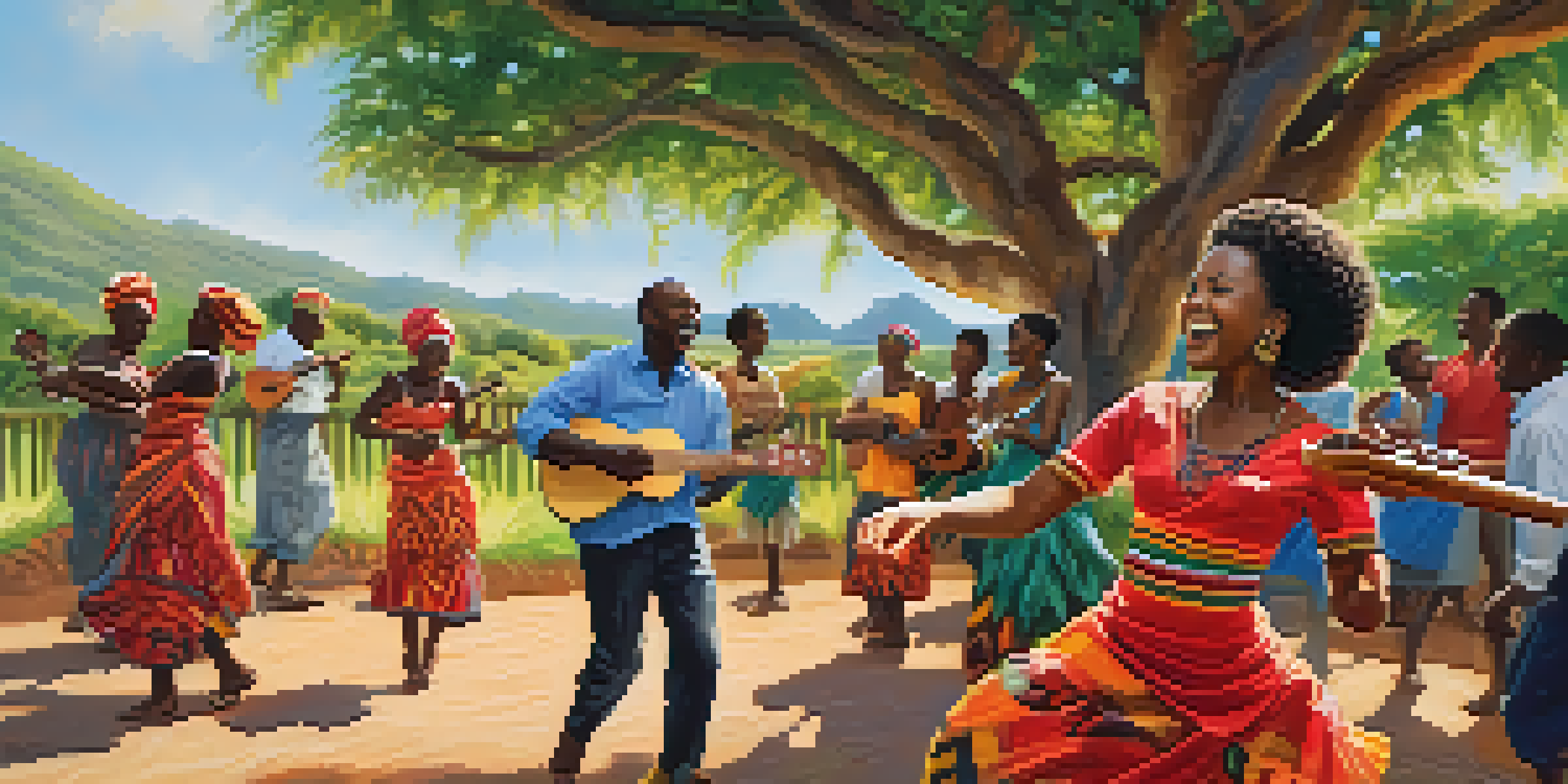 A group of dancers in traditional African clothing performing in a sunny outdoor setting, with a ukulele player in the foreground, surrounded by greenery and colorful decorations.