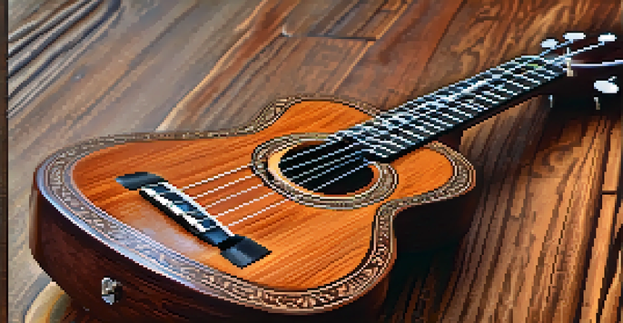A close-up view of a mahogany ukulele on a rustic wooden table, illuminated by soft natural light.