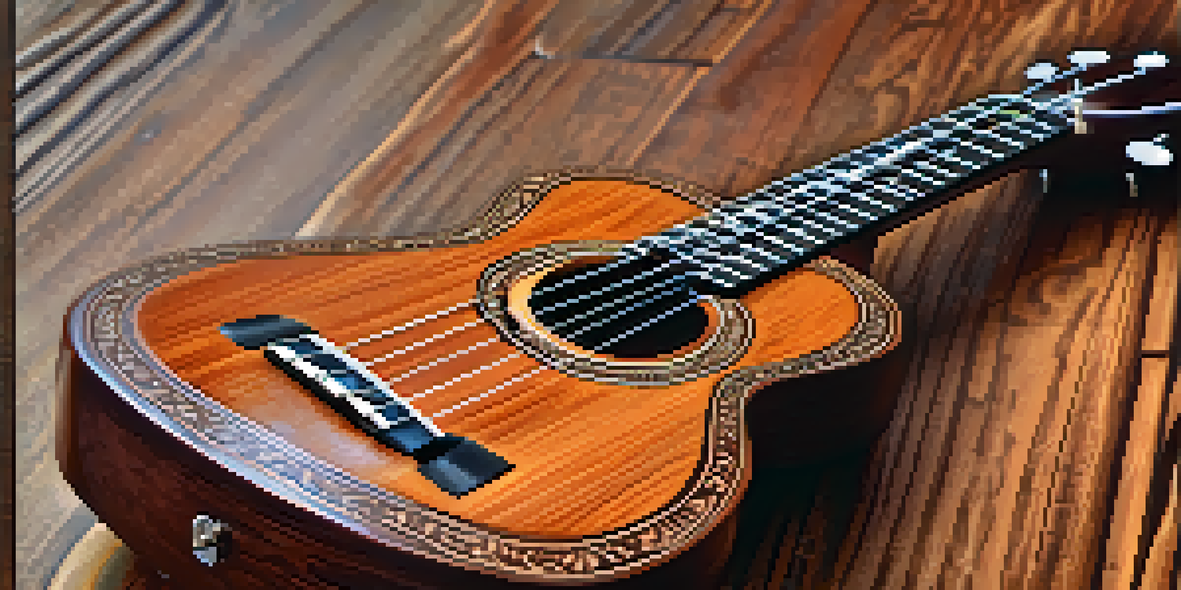 A close-up view of a mahogany ukulele on a rustic wooden table, illuminated by soft natural light.