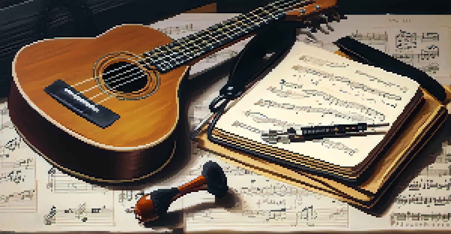 An arrangement of ukulele transcription tools including a ukulele, recording device, capo, and notebook on textured fabric.