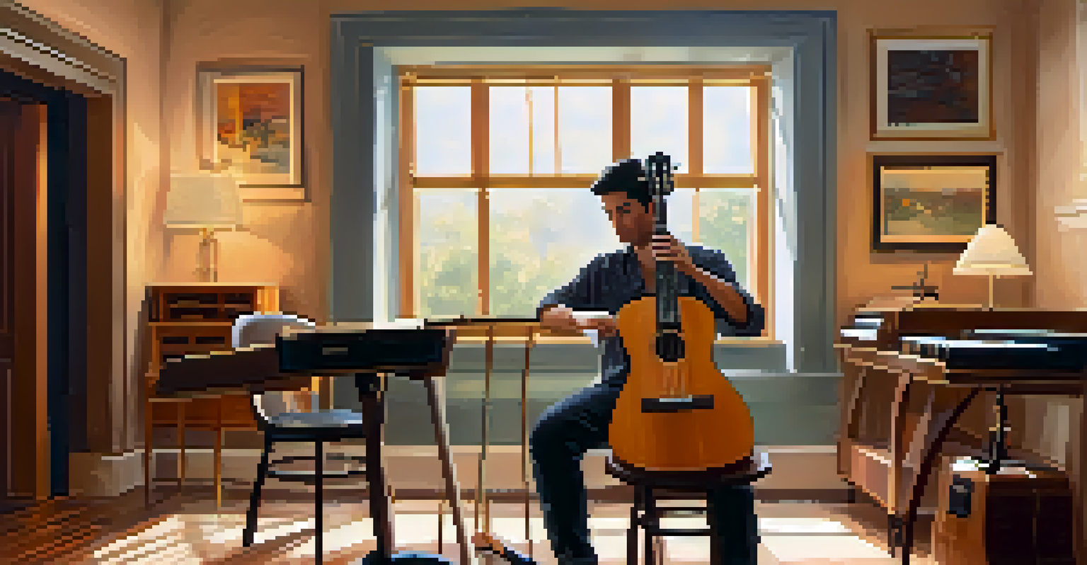 A musician practicing ukulele with a metronome in a warmly lit room.