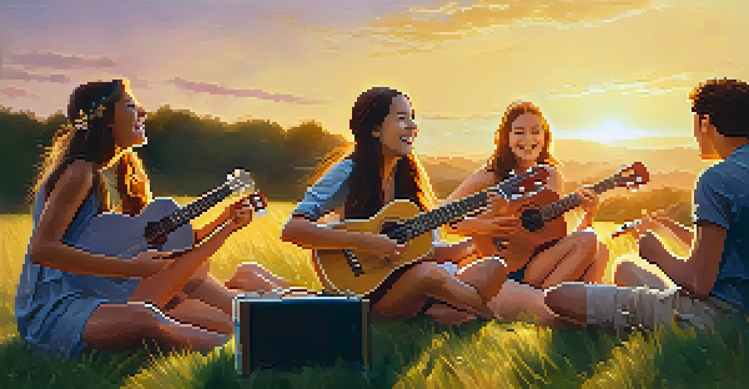 A young woman playing a ukulele in a grassy field with friends, all smiling during a sunset.